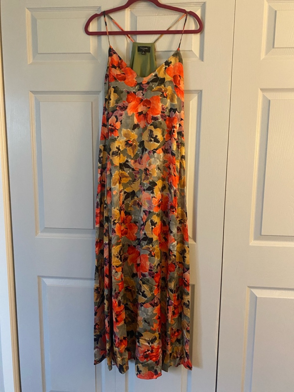 Tahari ASL Olive Floral Slip Dress with Orange & Yellow Blooms Size L